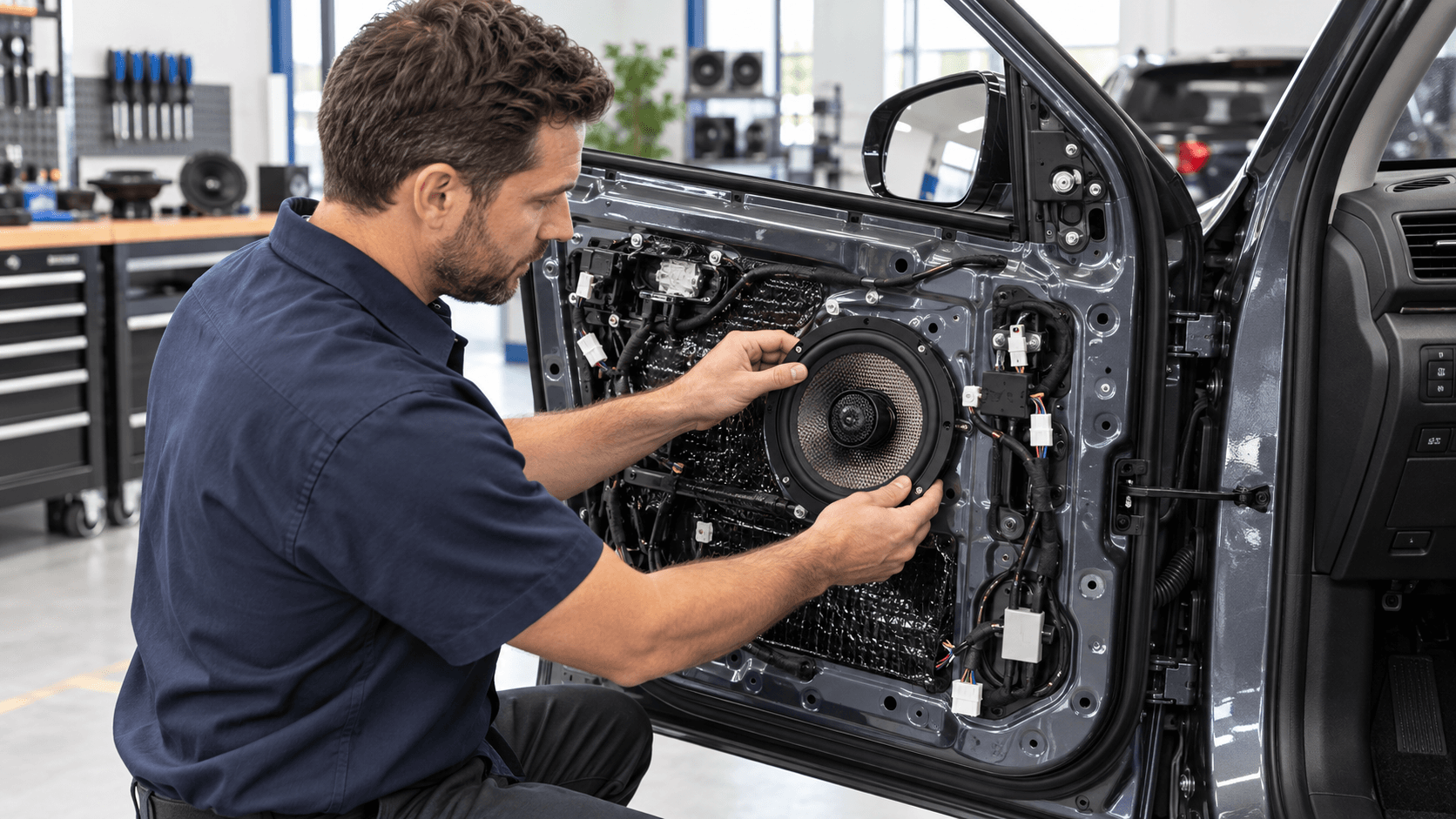 Professional installer working on an aftermarket car audio system