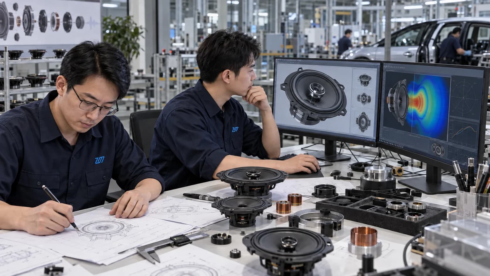 Car audio engineer reviewing technical drawings