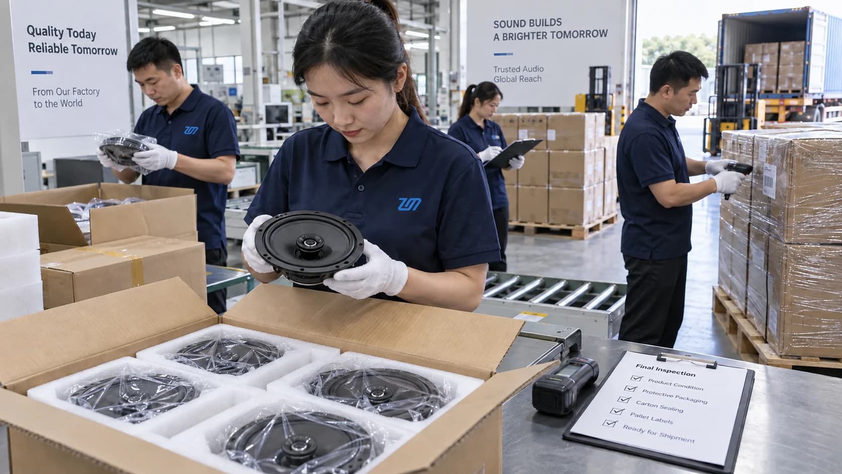 Final inspection of car speaker export packaging