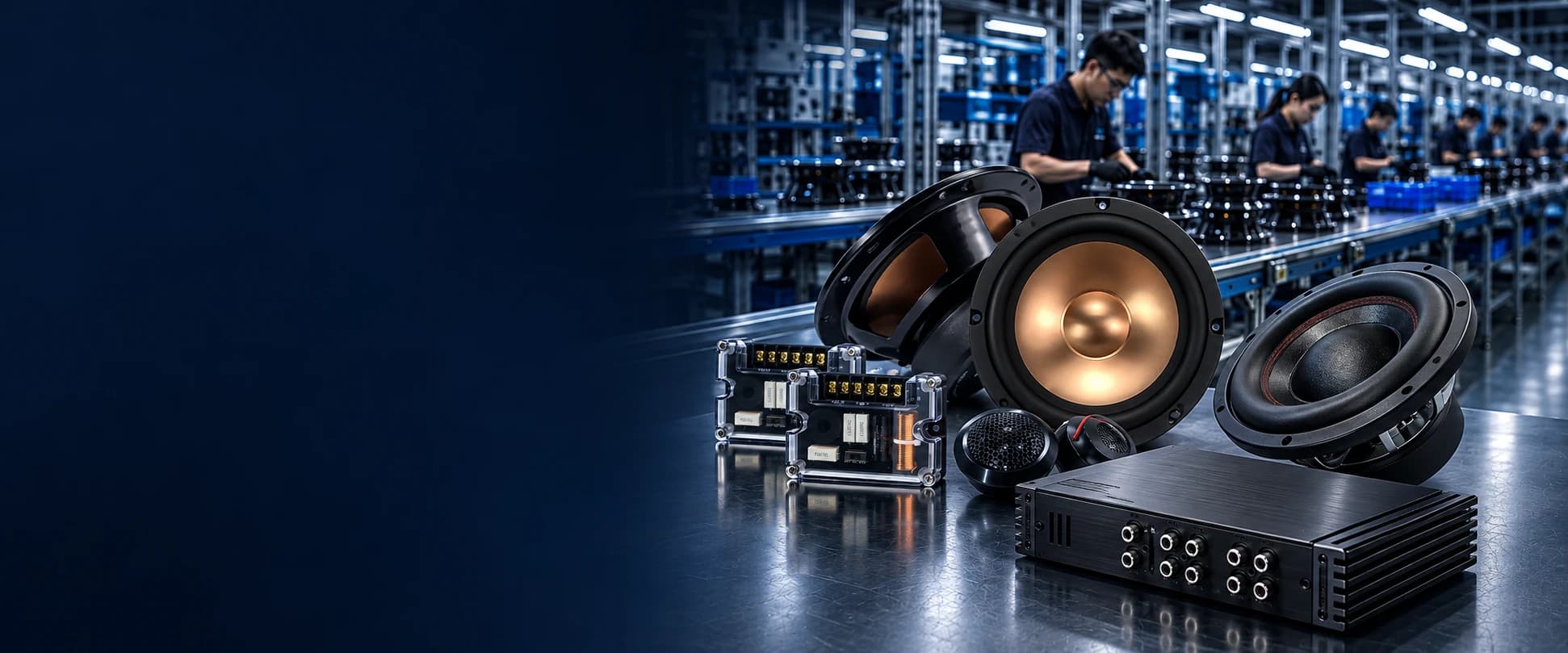 Car audio speakers and amplifier in a workshop-style banner
