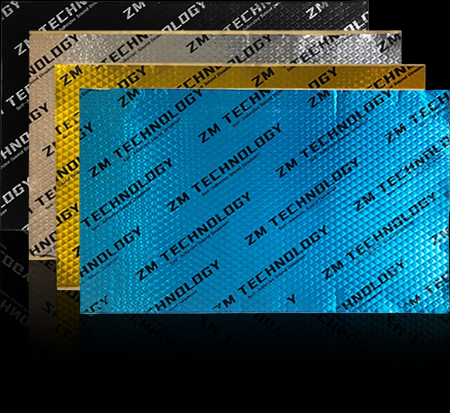 Gold blue silver and black foil automotive sound deadening mats