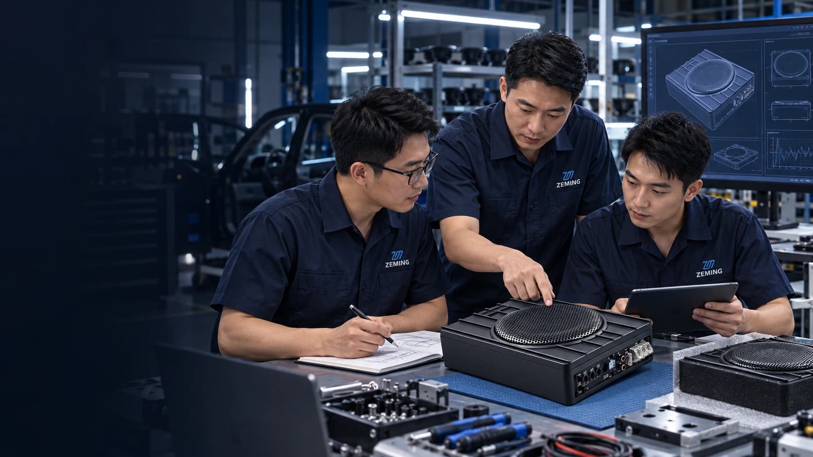 Chinese ZEMING engineering team reviewing an active underseat subwoofer customisation project