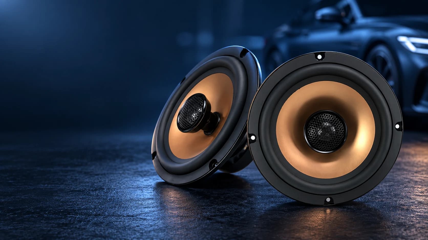 ZM-C65A gold aluminium cone coaxial speakers in an automotive setting