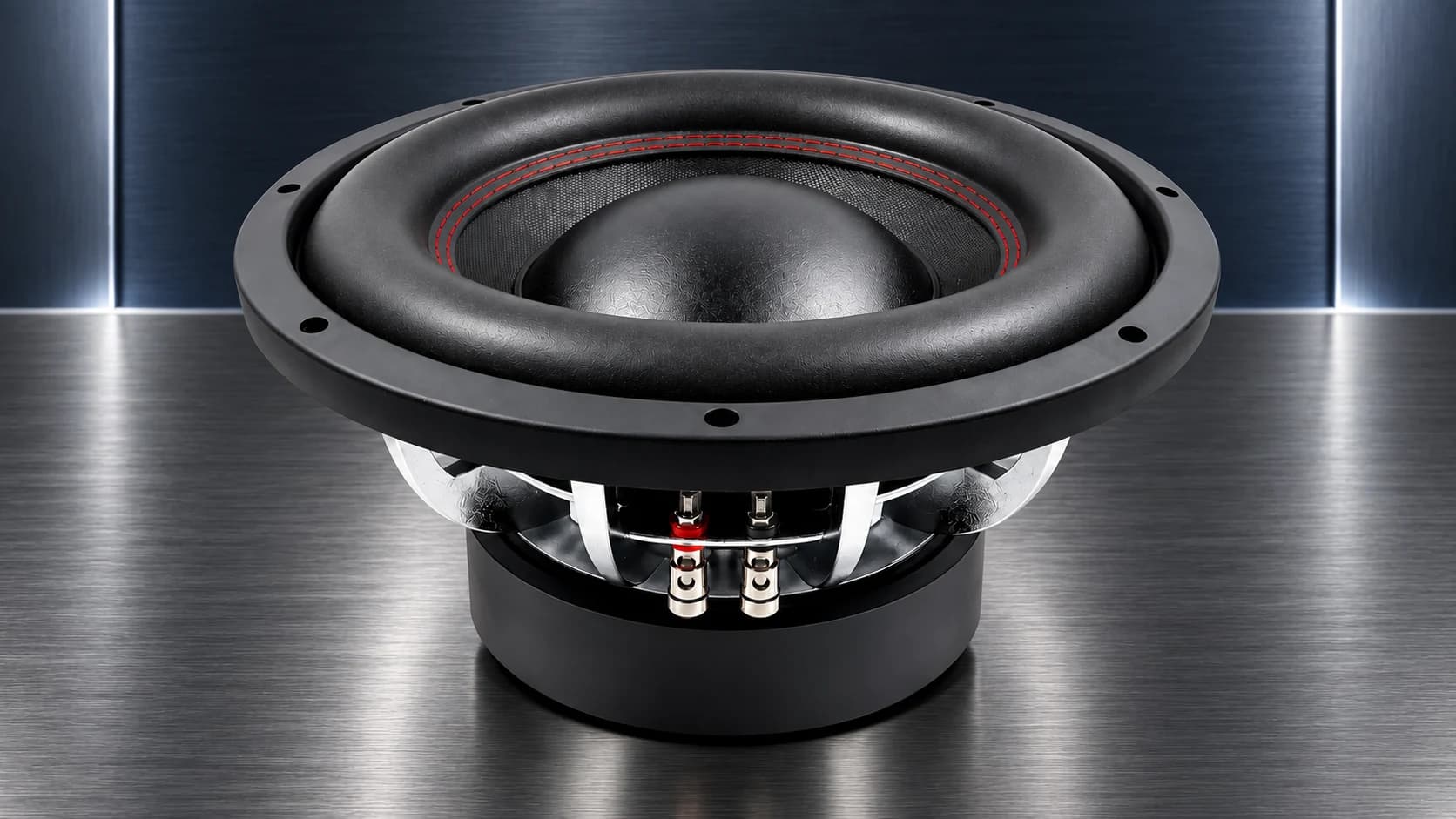 Complete low-angle engineering view of the ZEMING chrome-plated dual voice coil subwoofer