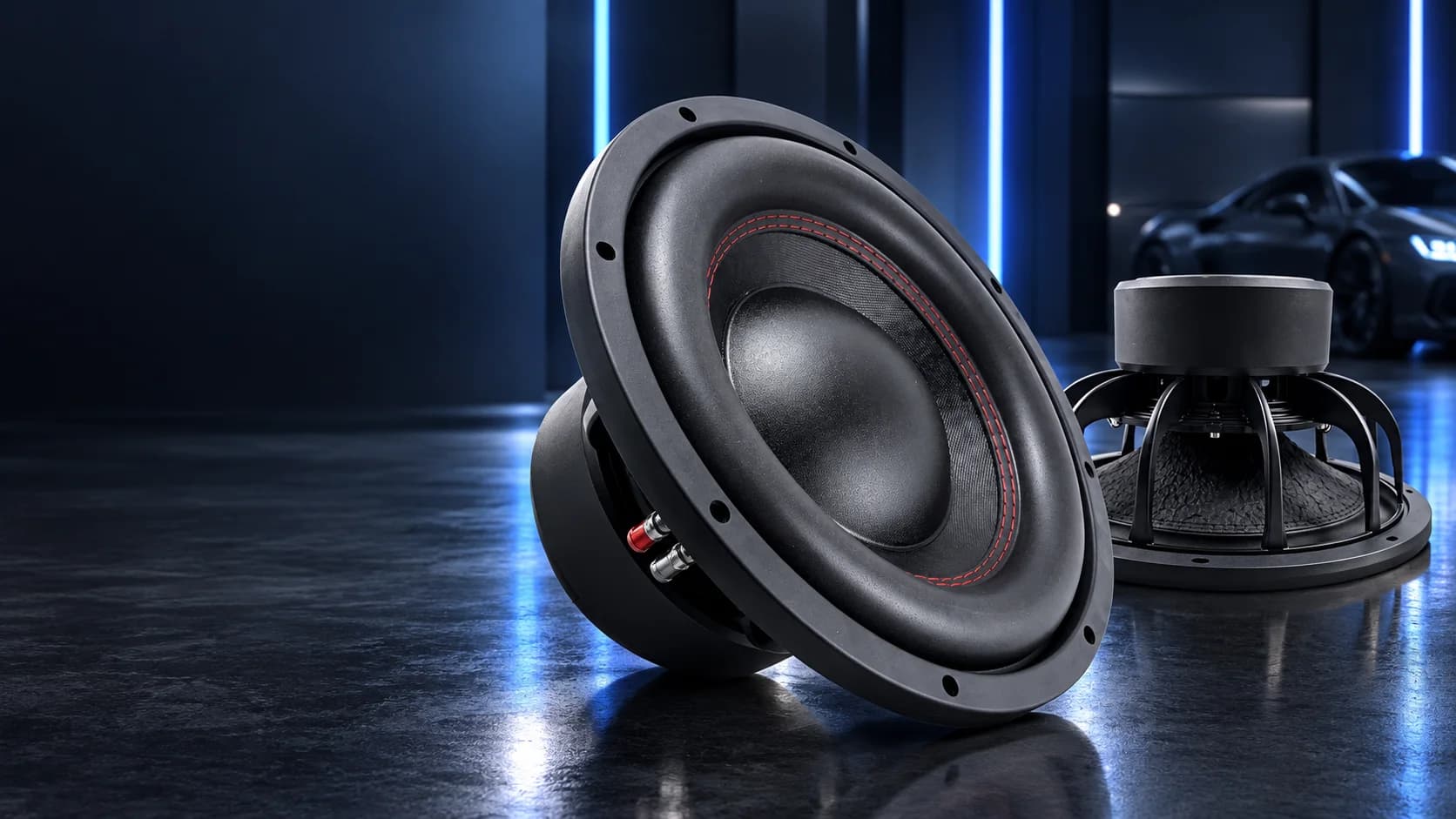 ZM-CB passive subwoofer series in a dark blue automotive performance setting