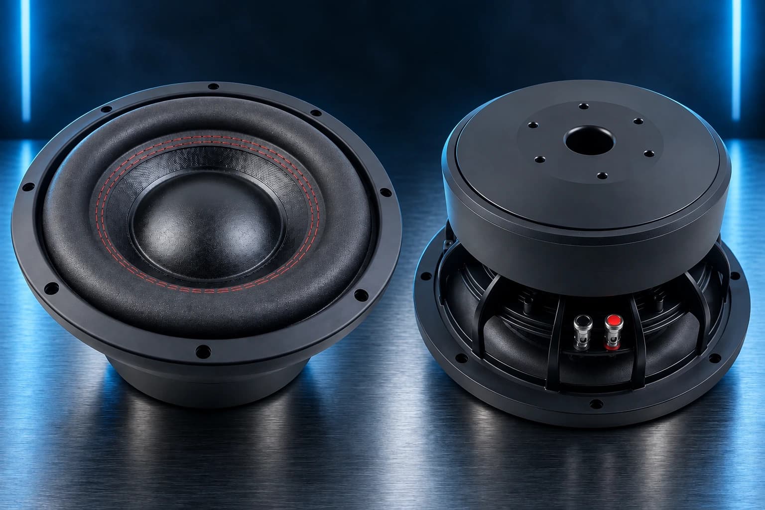 Two ZM-CB10P subwoofers shown from different product angles