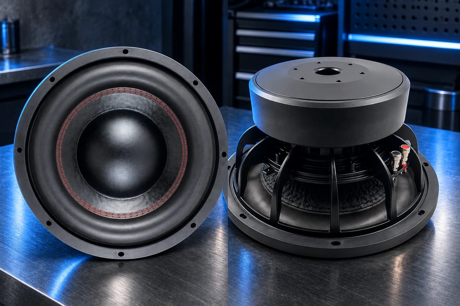 Two ZM-CB12P subwoofers shown from different product angles