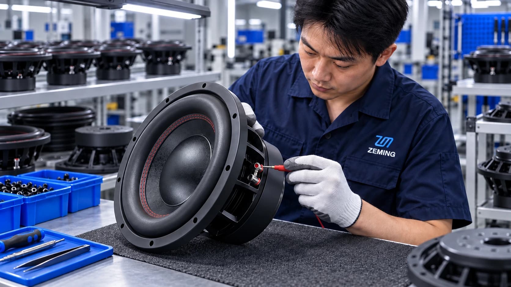 ZEMING technician wearing a blue-and-white logo while reviewing a ZM-CB12P subwoofer