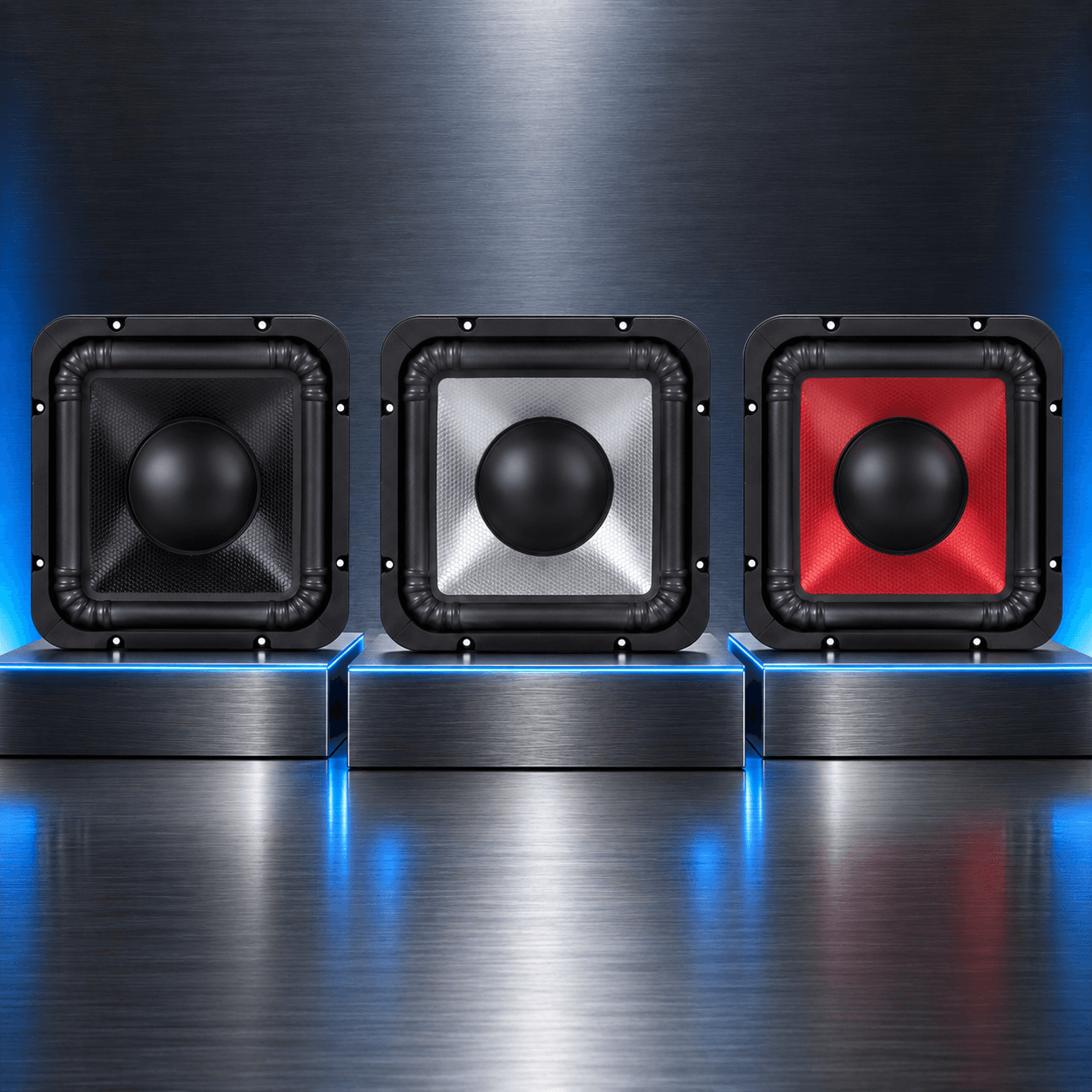 Square car subwoofer series in black, silver and red