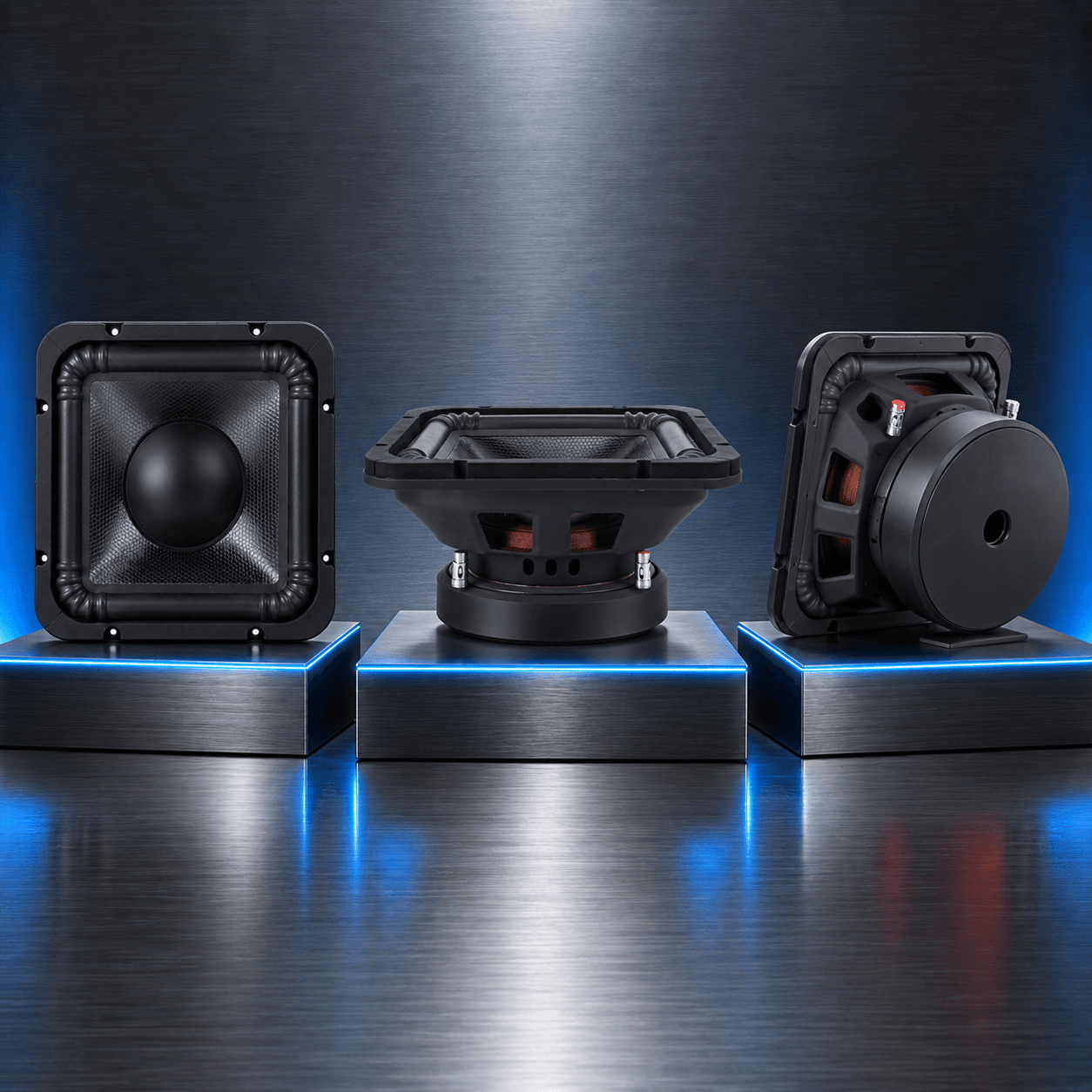 Square subwoofer front side and rear product angles