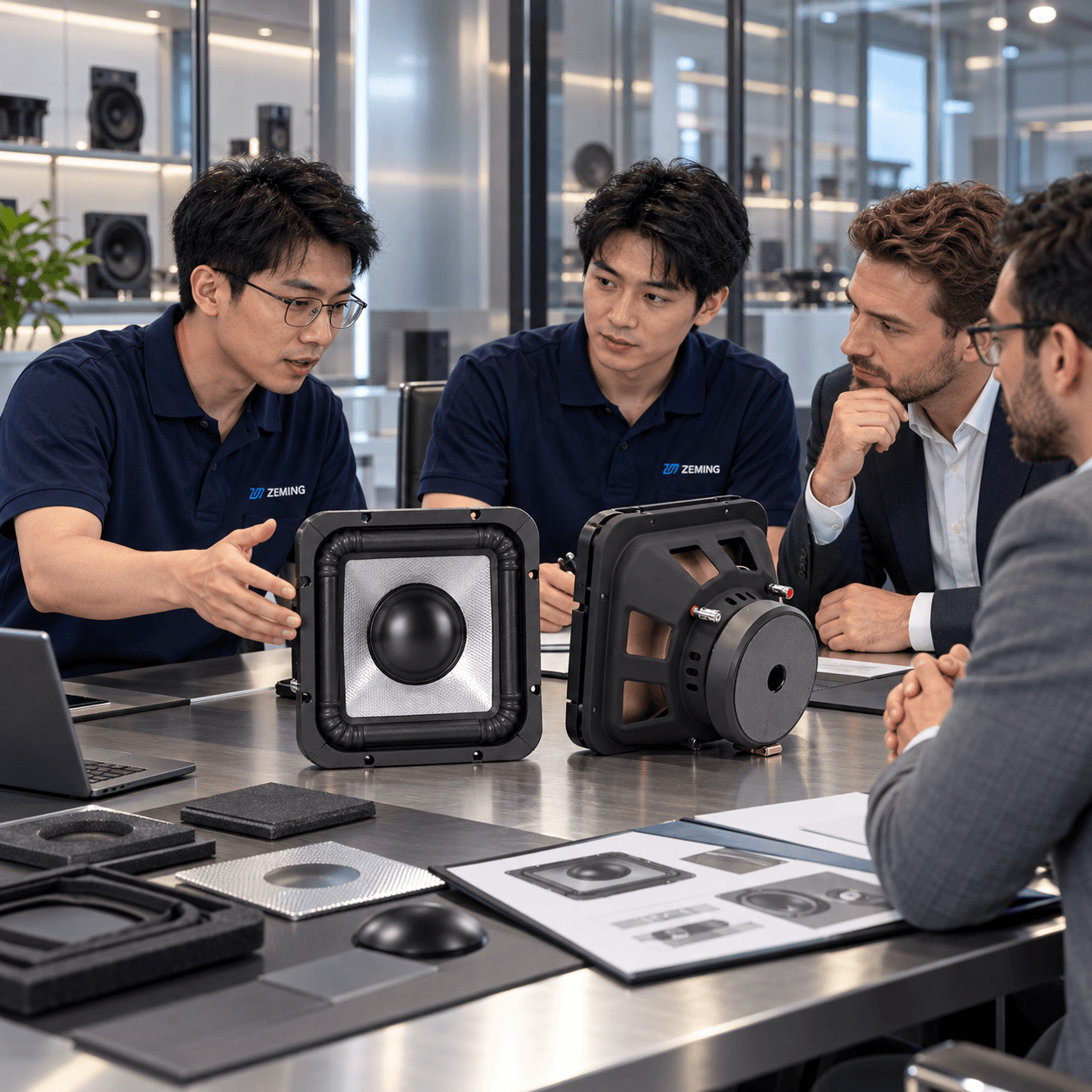ZEMING team explaining square subwoofer products to customers