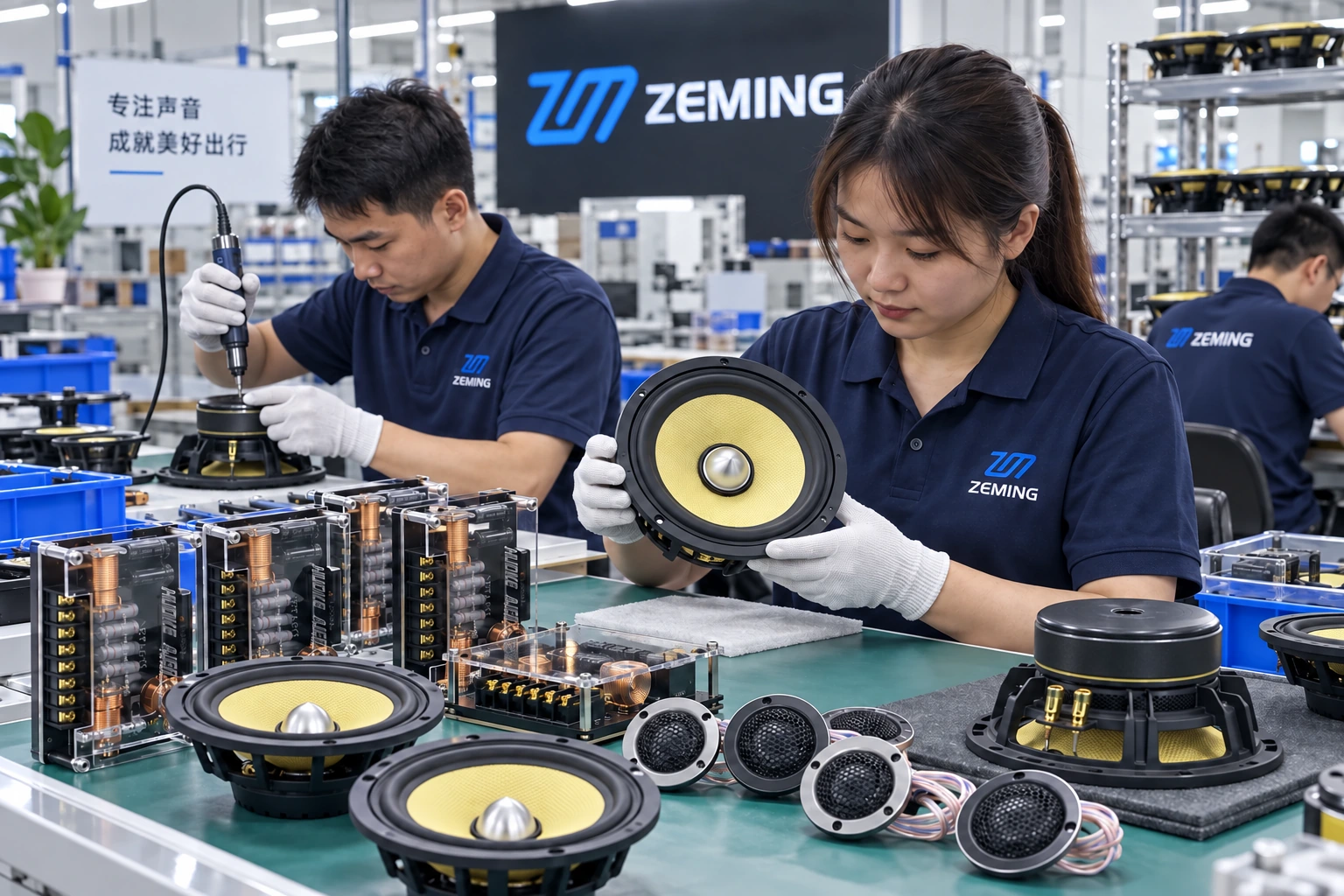 ZEMING Chinese workers reviewing component speaker assembly