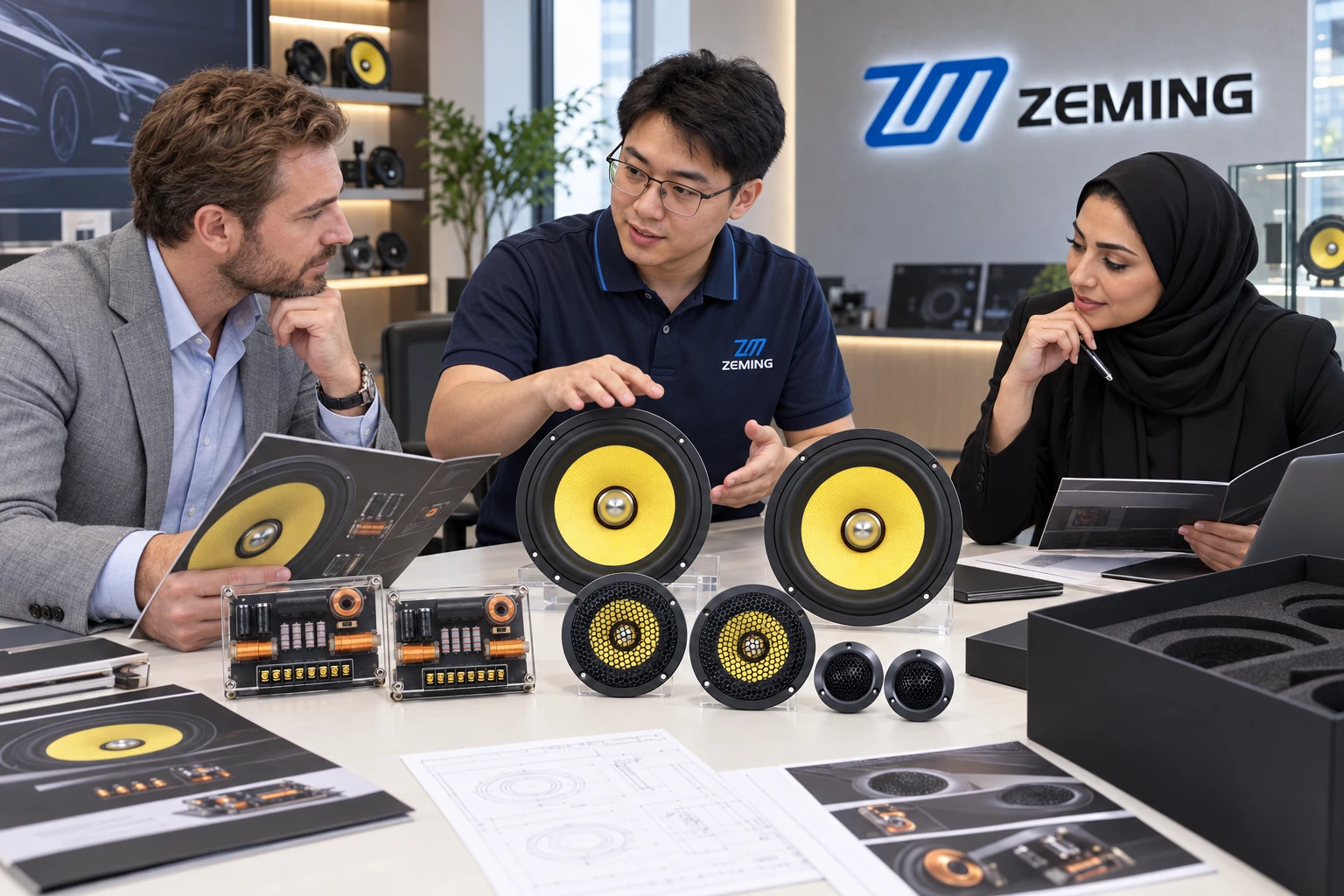ZEMING team discussing component speaker customization with overseas buyers