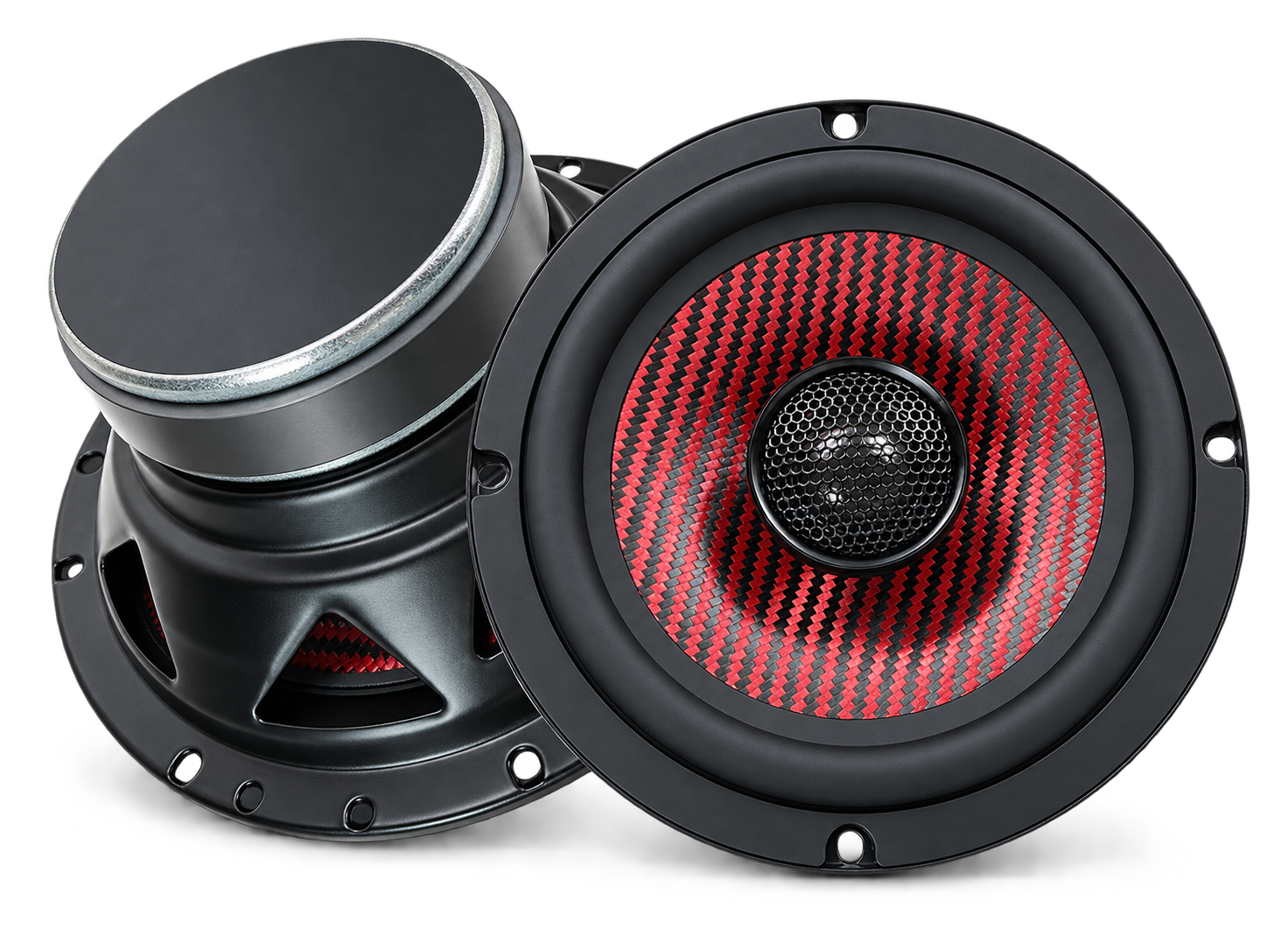 ZM-C65CR red carbon-fiber coaxial speaker pair, front and rear views